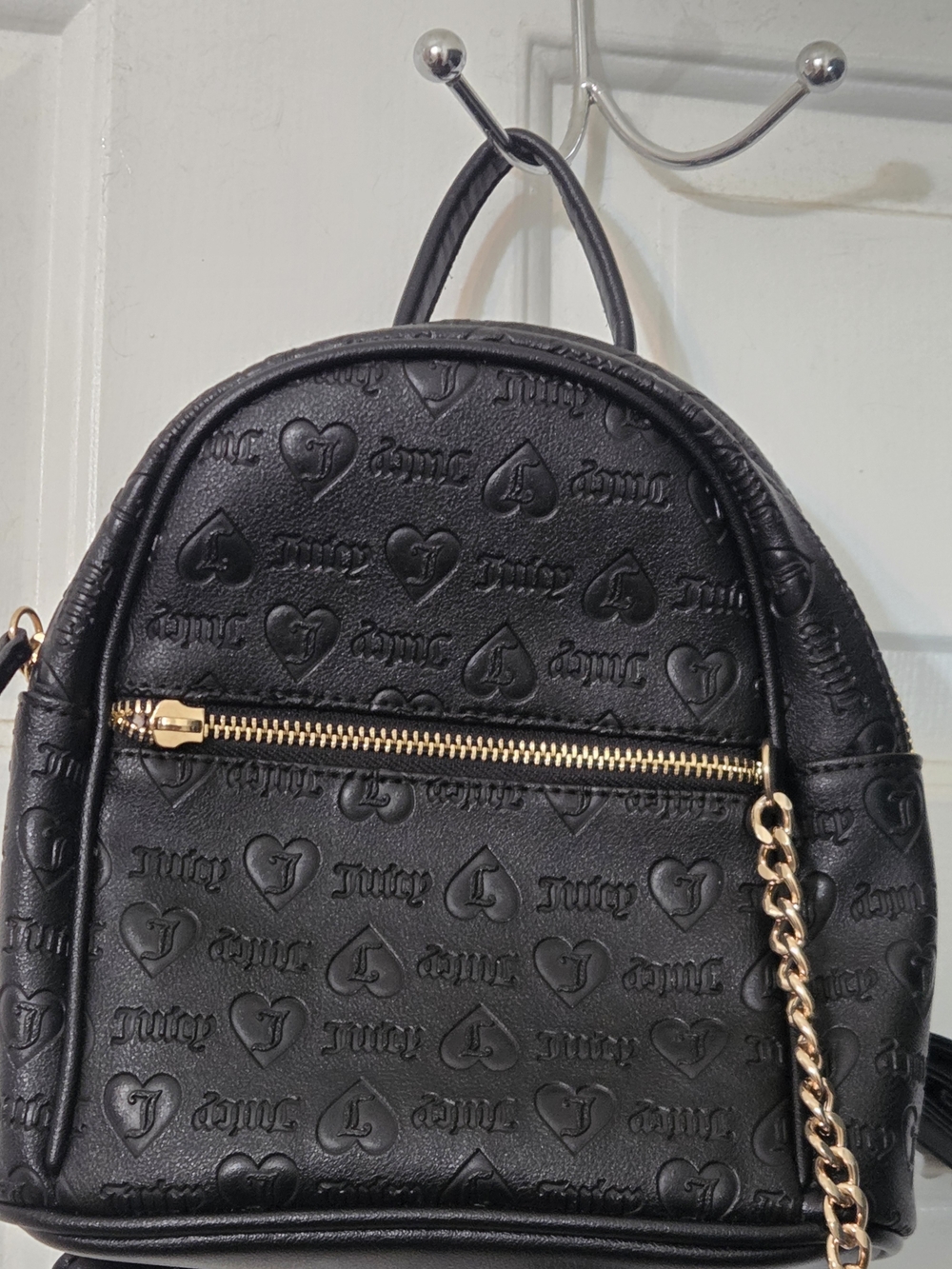 Juicy Couture Black Embossed Mini Backpack with Gold Chain